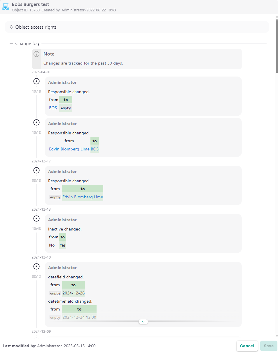 The Change Log shown in the Info panel of a record