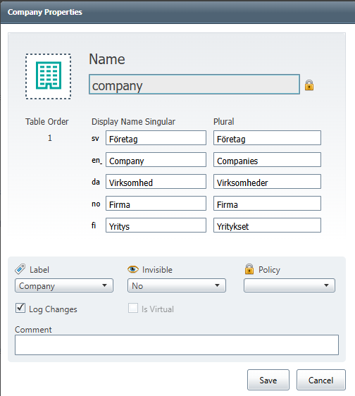 The Properties dialog for a limetype in Lisa, with the "Log Changes" checkbox enabled