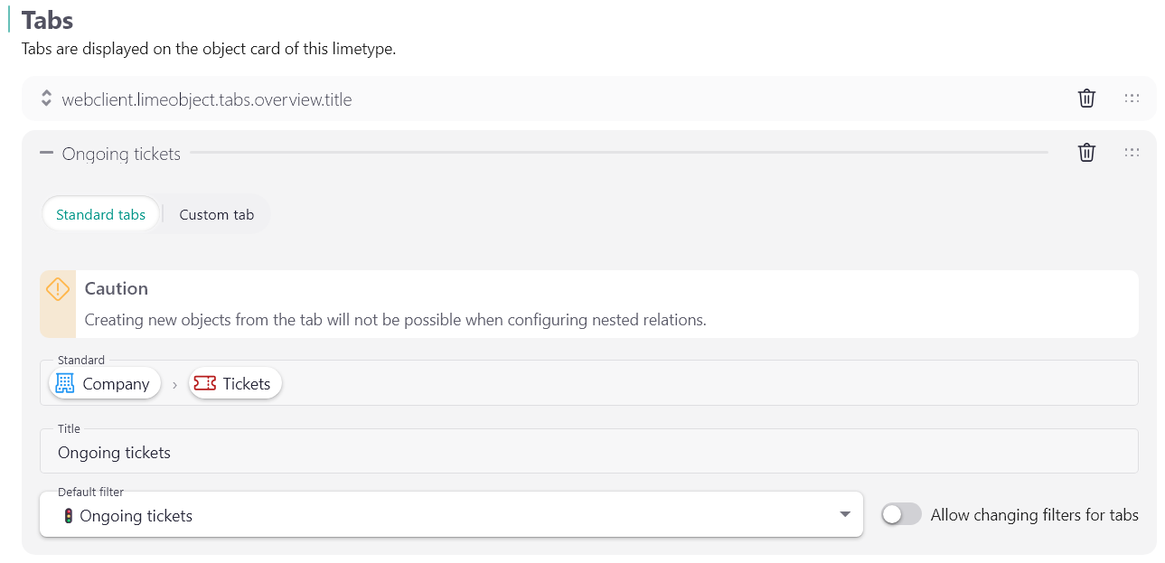 Lime Admin configuration for a Deep Relations tab showing ongoing tickets on a ticket's connected company