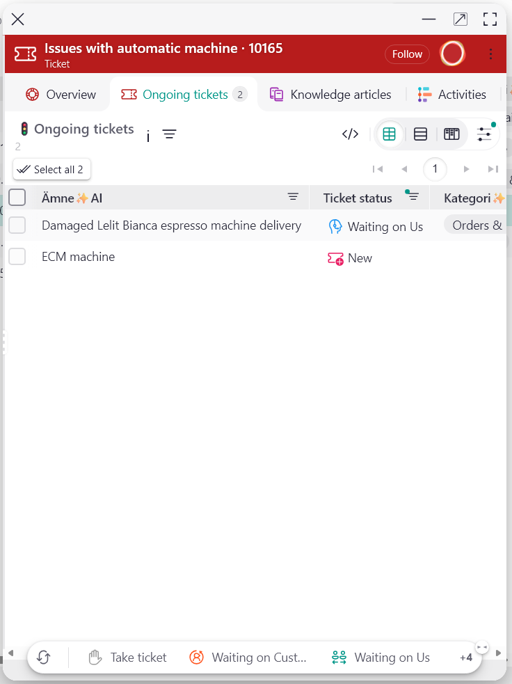 A Deep Relations tab on a ticket card, listing the ongoing tickets on the connected company