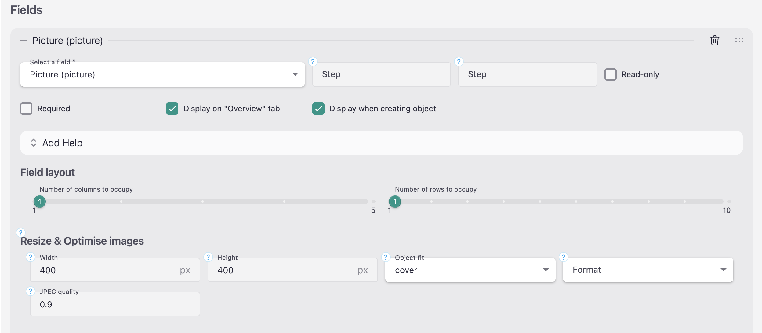 The "Resize & Optimize images" settings on the Coworker "Picture" field