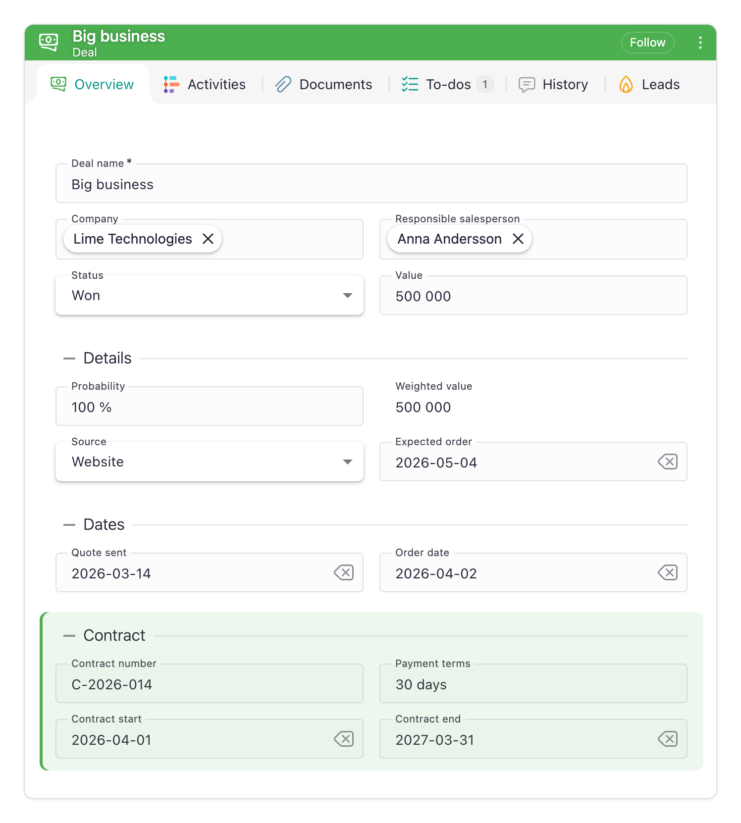 A won deal where the contract details appear together as a new section at the bottom