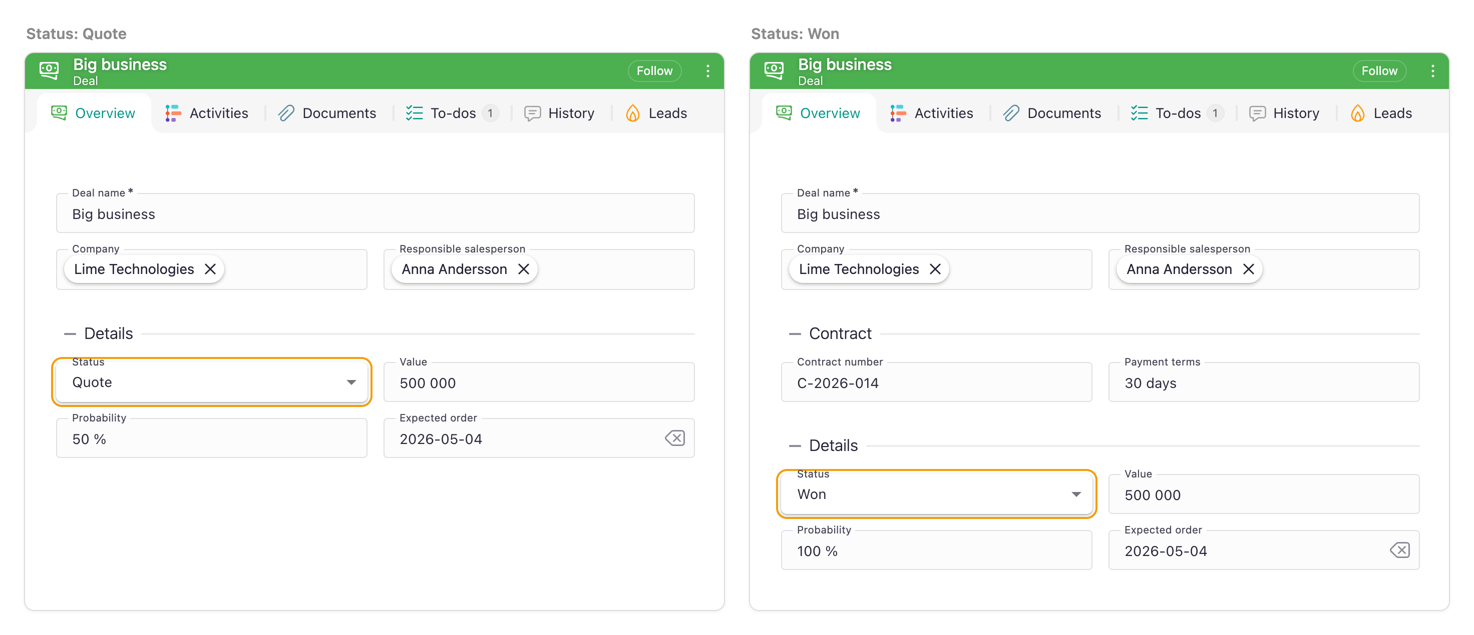 The same deal before and after it is won, with Status pushed down by a new section