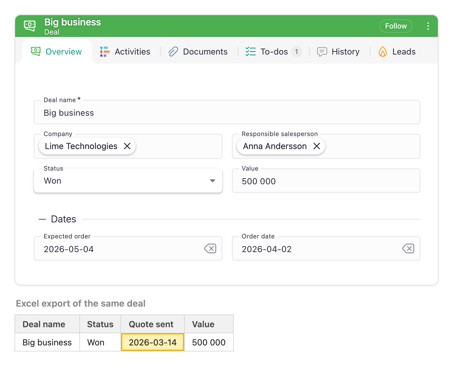 A won deal without Quote sent, next to an export that still contains the date