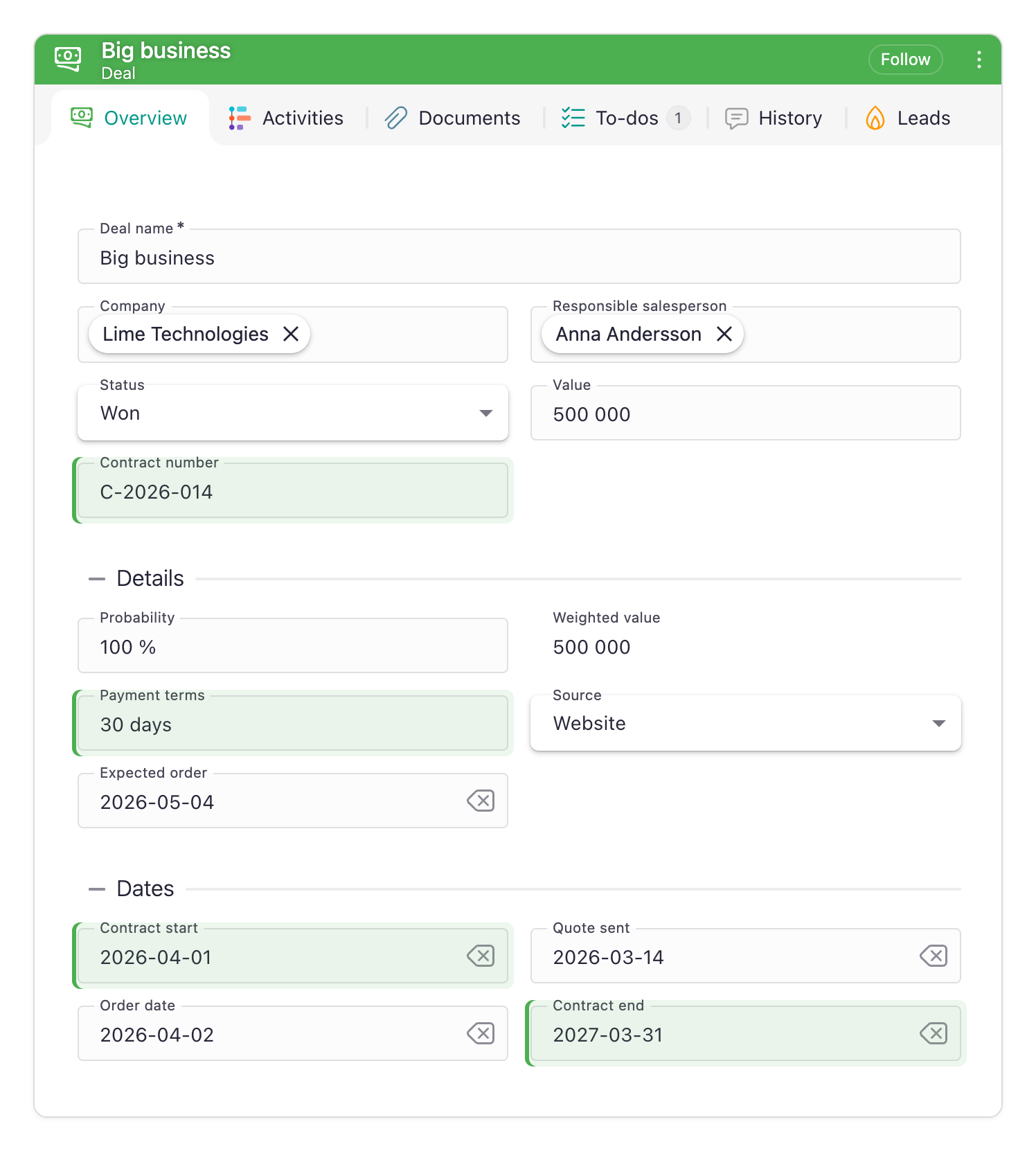 A won deal where four contract fields appear one by one in three different sections