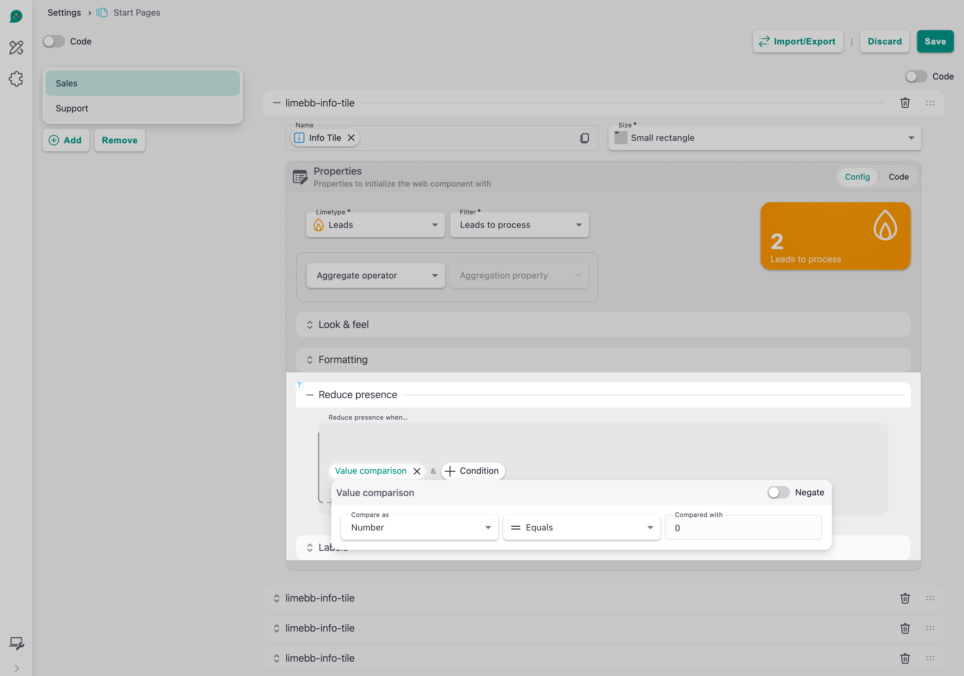 Value comparison in an info tile's Reduce presence, set to Number, Equals, 0