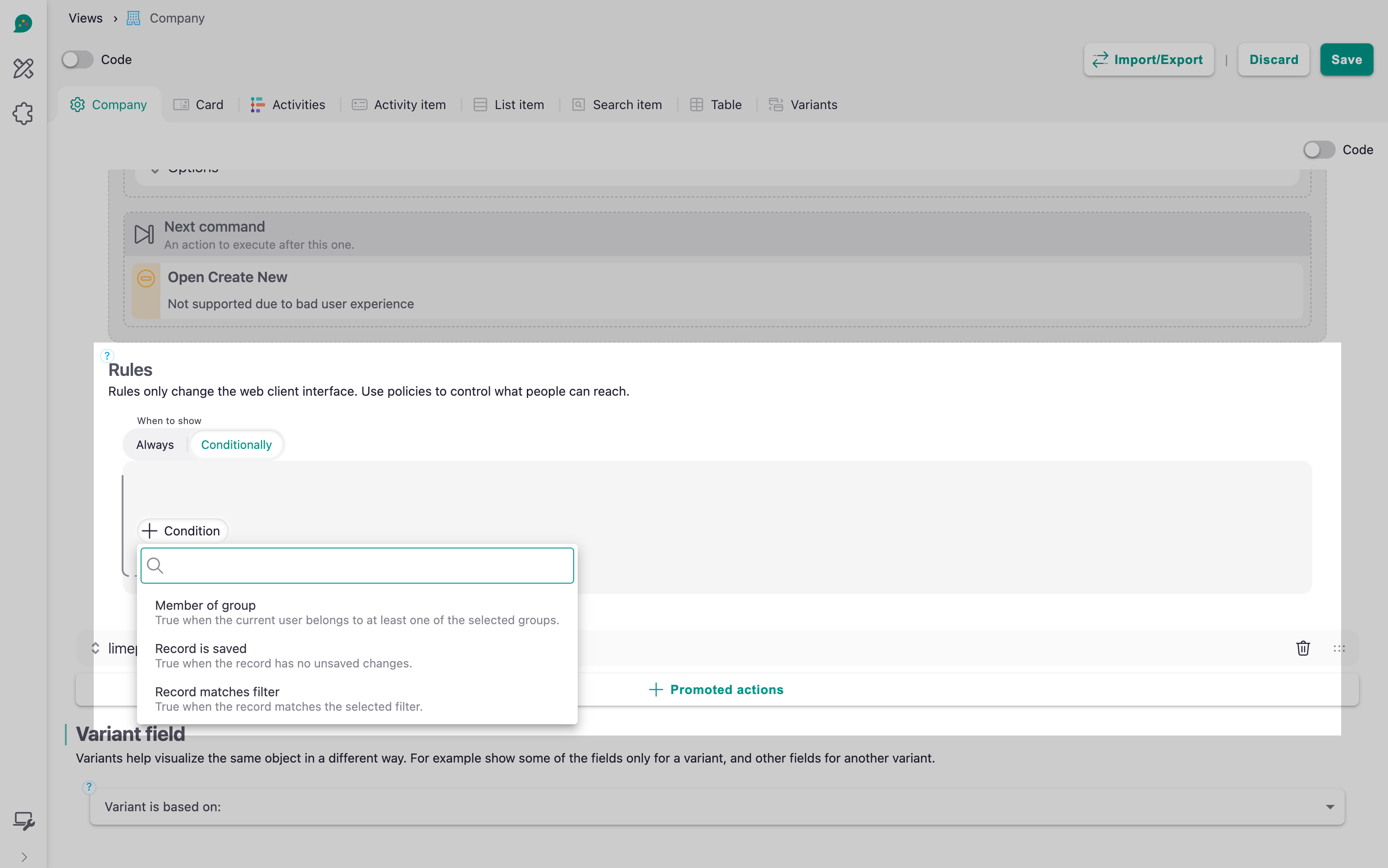 The rule picker on a promoted action, offering the rules that need a record