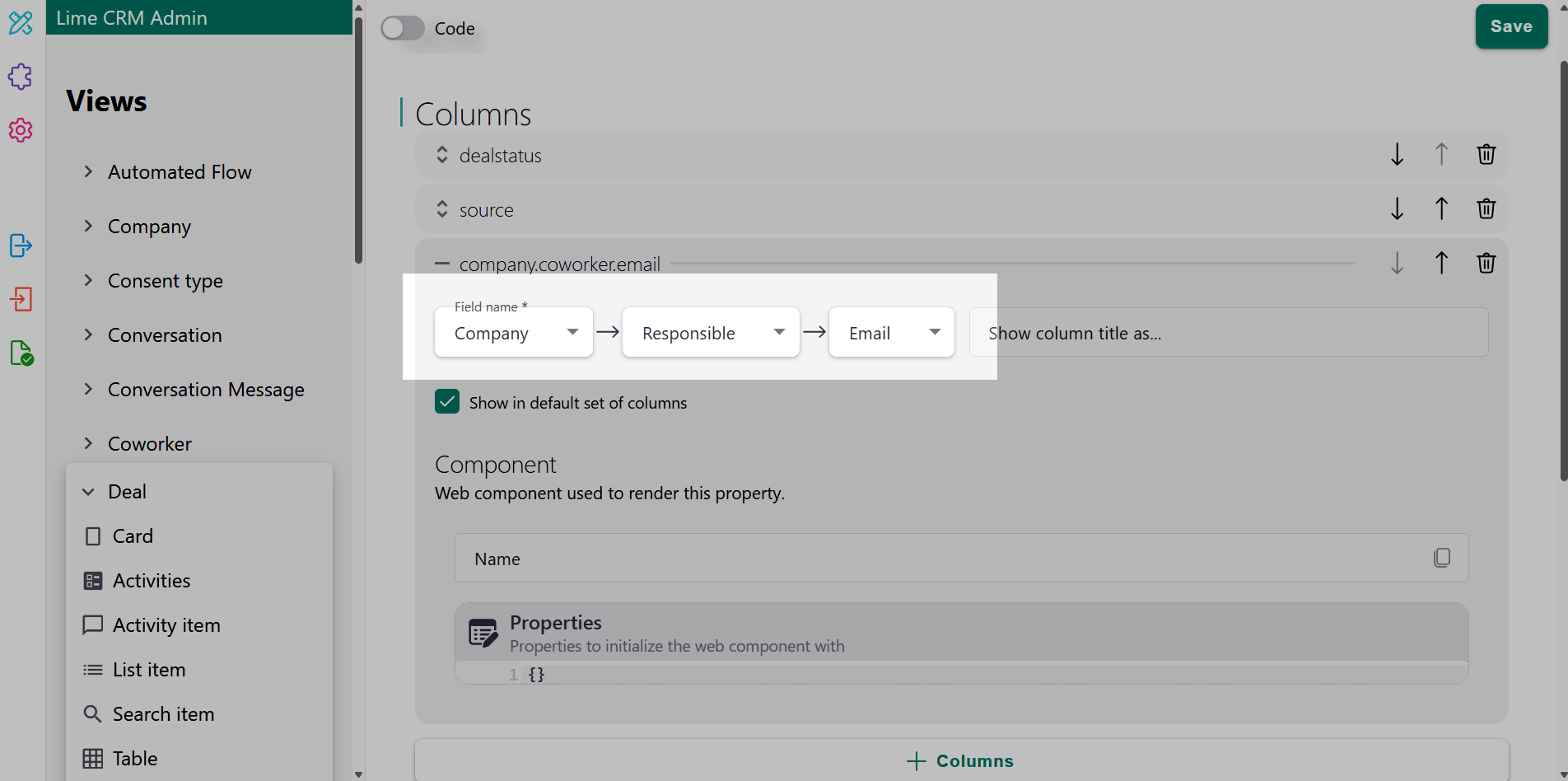 lime admin configuration of showing related columns